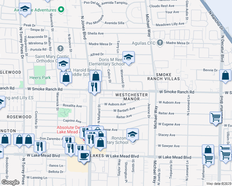 map of restaurants, bars, coffee shops, grocery stores, and more near 5725 Smoke Ranch Road in Las Vegas