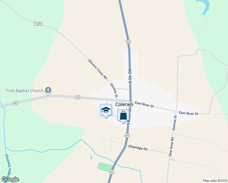 map of restaurants, bars, coffee shops, grocery stores, and more near 107 Glovers Street in Colerain