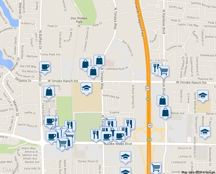 map of restaurants, bars, coffee shops, grocery stores, and more near 2324 Florissant Dr in Las Vegas