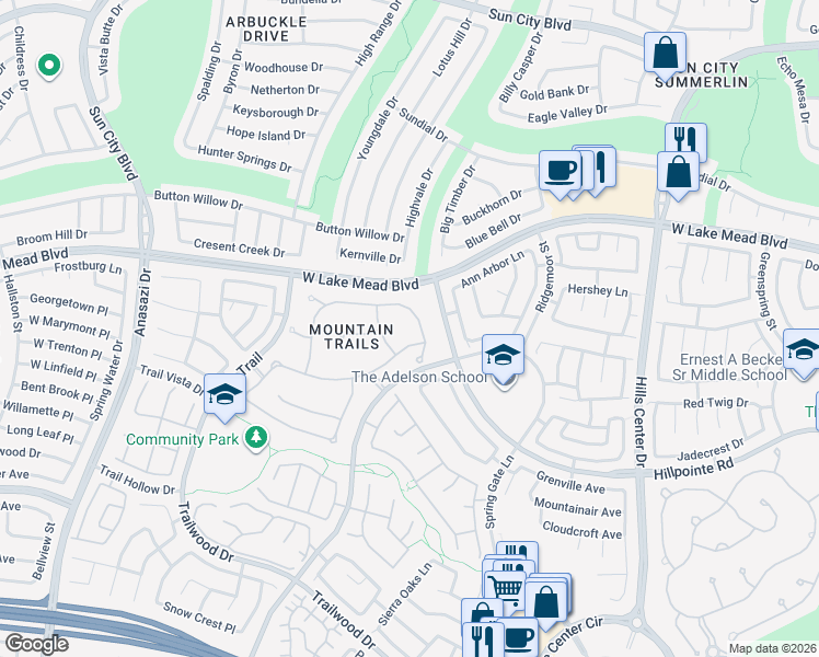 map of restaurants, bars, coffee shops, grocery stores, and more near 9713 Highridge Drive in Las Vegas