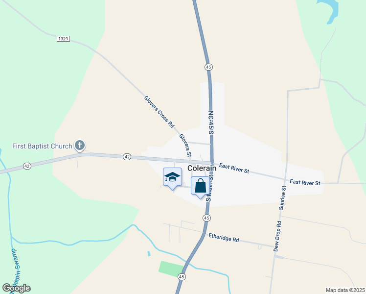 map of restaurants, bars, coffee shops, grocery stores, and more near 107 Glovers Street in Colerain