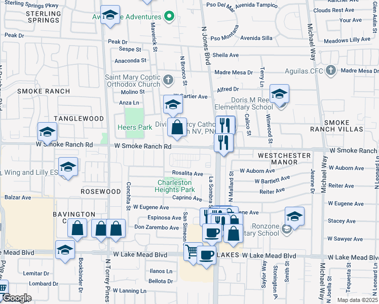 map of restaurants, bars, coffee shops, grocery stores, and more near 6157 Smoke Ranch Road in Las Vegas