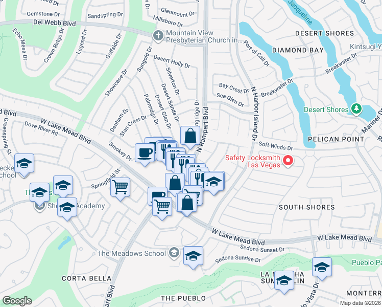 map of restaurants, bars, coffee shops, grocery stores, and more near 2412 Springridge Drive in Las Vegas