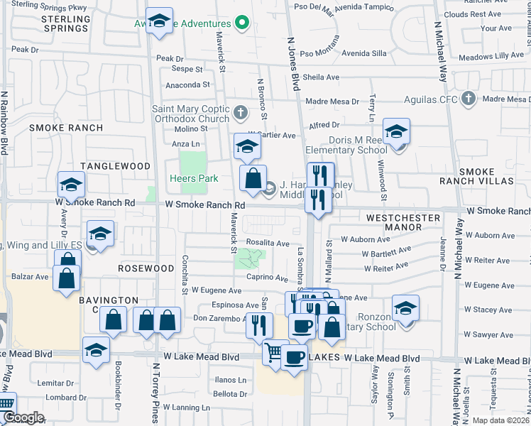 map of restaurants, bars, coffee shops, grocery stores, and more near 6165 Smoke Ranch Road in Las Vegas