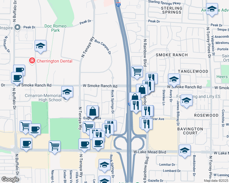 map of restaurants, bars, coffee shops, grocery stores, and more near 33 Rock Springs Drive in Las Vegas