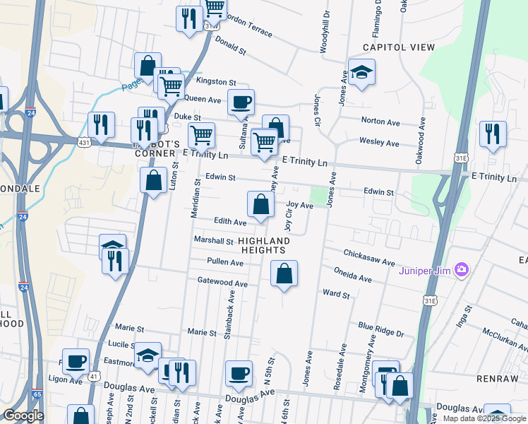 map of restaurants, bars, coffee shops, grocery stores, and more near 1803B Lischey Avenue in Nashville