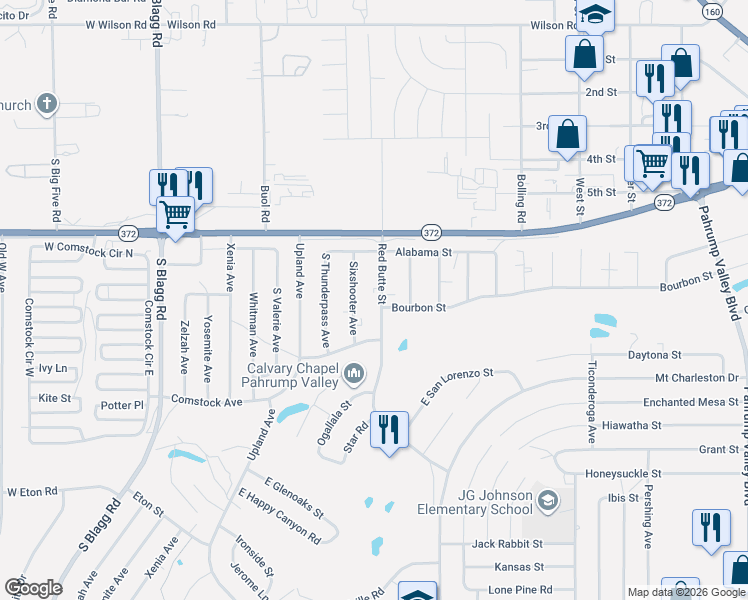 map of restaurants, bars, coffee shops, grocery stores, and more near 1110 Red Butte Street in Pahrump