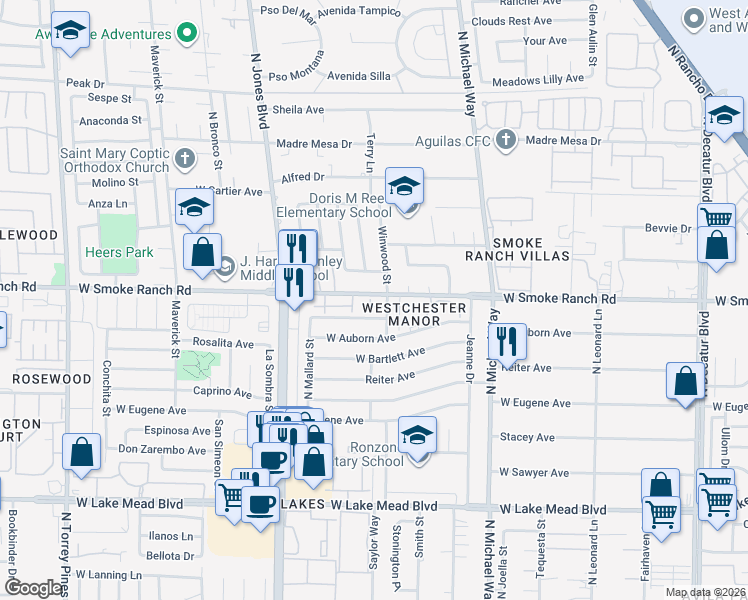 map of restaurants, bars, coffee shops, grocery stores, and more near 5709 Smoke Ranch Road in Las Vegas