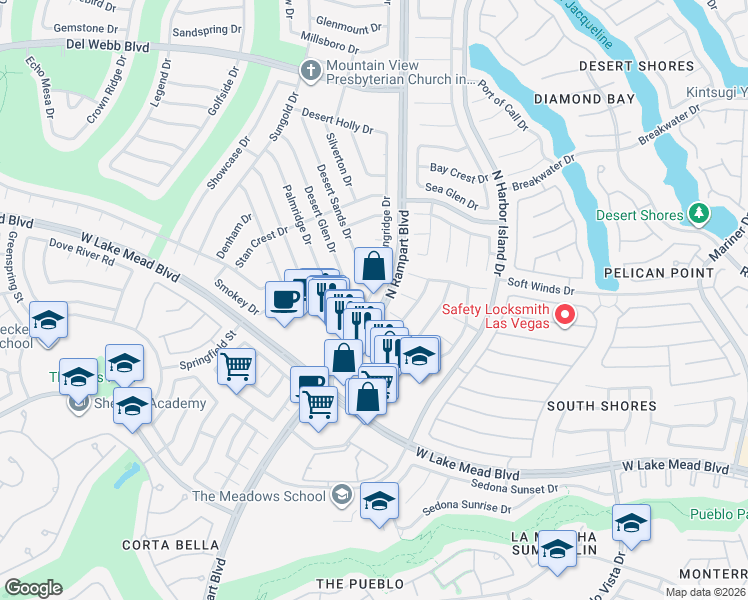 map of restaurants, bars, coffee shops, grocery stores, and more near 2412 Springridge Drive in Las Vegas