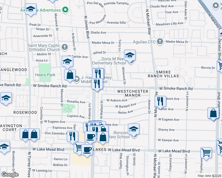 map of restaurants, bars, coffee shops, grocery stores, and more near 5817 Smoke Ranch Road in Las Vegas