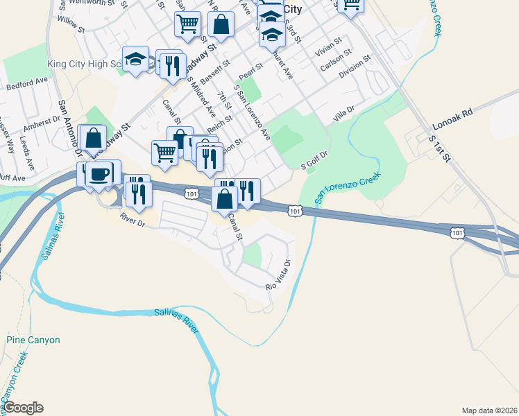 map of restaurants, bars, coffee shops, grocery stores, and more near in King City