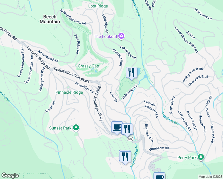 map of restaurants, bars, coffee shops, grocery stores, and more near 214 Lake Road in Beech Mountain