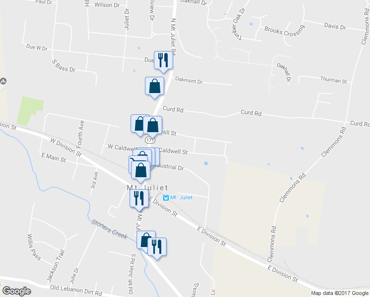 map of restaurants, bars, coffee shops, grocery stores, and more near 54 East Caldwell Street in Mt. Juliet