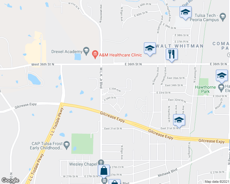 map of restaurants, bars, coffee shops, grocery stores, and more near 251 East 35th Street North in Tulsa
