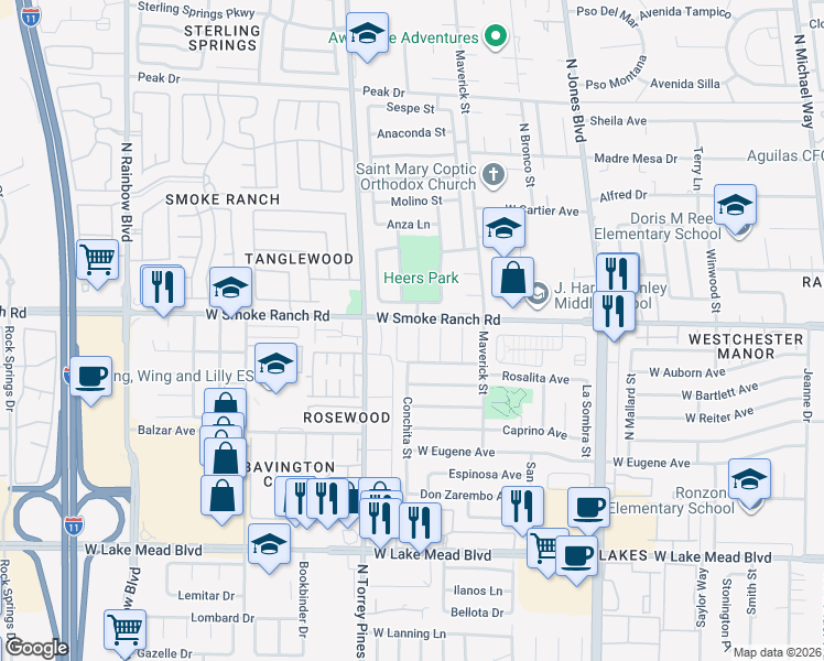 map of restaurants, bars, coffee shops, grocery stores, and more near 2318 El Molino Circle in Las Vegas