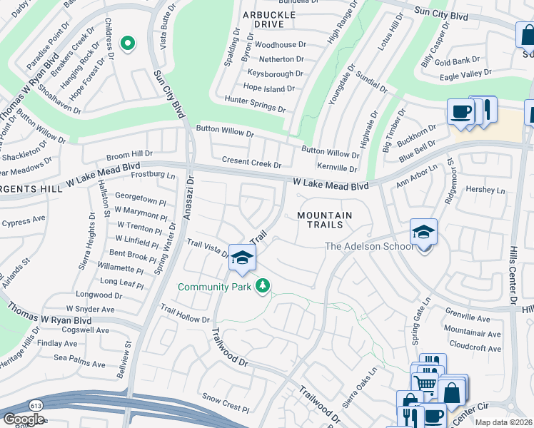 map of restaurants, bars, coffee shops, grocery stores, and more near 2329 Sunrise Meadows Drive in Las Vegas