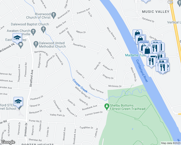 map of restaurants, bars, coffee shops, grocery stores, and more near 2503 Sandy Drive in Nashville