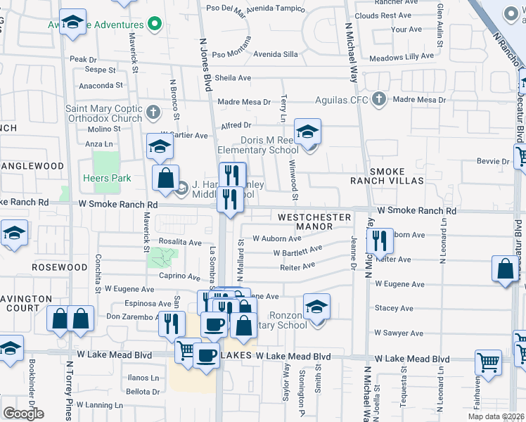 map of restaurants, bars, coffee shops, grocery stores, and more near 5817 Smoke Ranch Road in Las Vegas