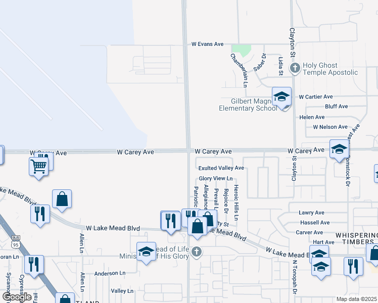 map of restaurants, bars, coffee shops, grocery stores, and more near Simmons St & W Carey Ave in North Las Vegas