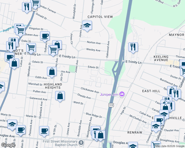 map of restaurants, bars, coffee shops, grocery stores, and more near 807 Cherokee Avenue in Nashville