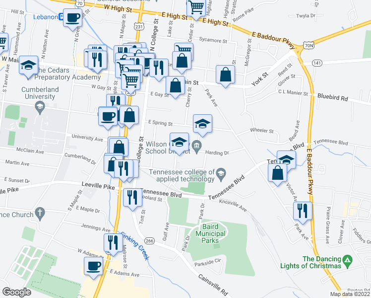 map of restaurants, bars, coffee shops, grocery stores, and more near 405 Harding Drive in Lebanon