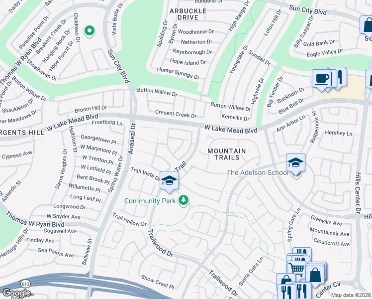 map of restaurants, bars, coffee shops, grocery stores, and more near 2329 Sunrise Meadows Drive in Las Vegas