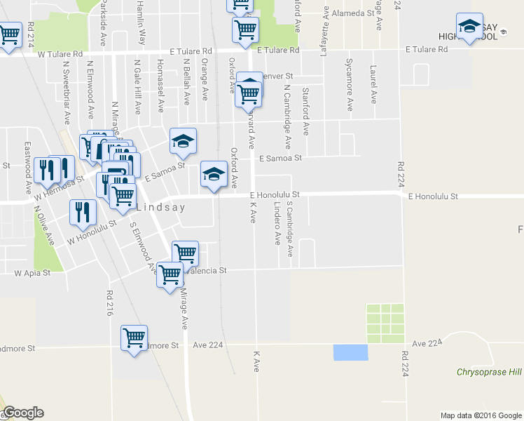 map of restaurants, bars, coffee shops, grocery stores, and more near 136 South Harvard Avenue in Lindsay