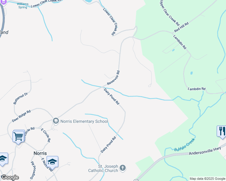 map of restaurants, bars, coffee shops, grocery stores, and more near 106 Dairy Pond Road in Norris