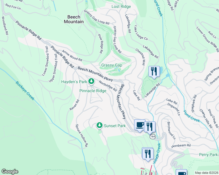 map of restaurants, bars, coffee shops, grocery stores, and more near 114 Northridge Lane in Beech Mountain