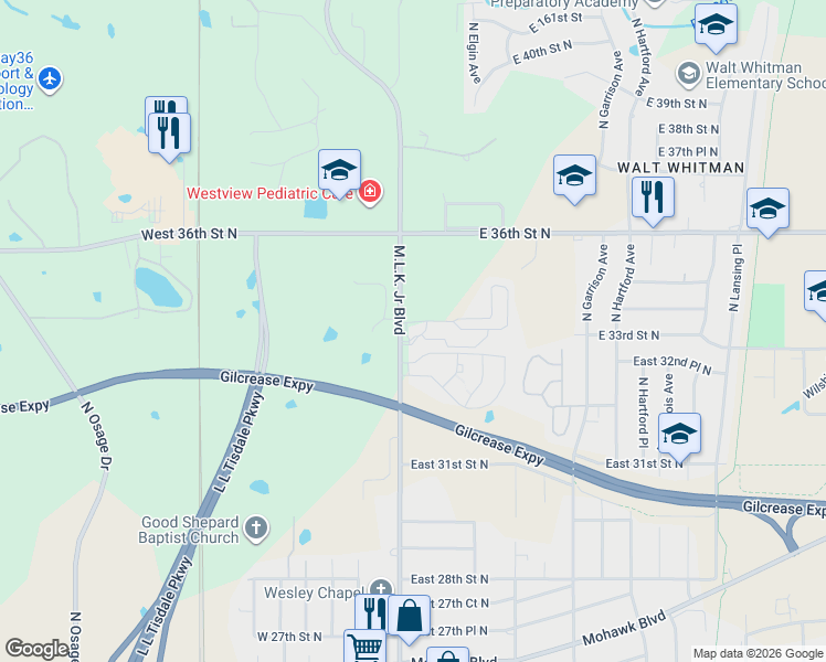 map of restaurants, bars, coffee shops, grocery stores, and more near 3535 Martin Luther King Junior Boulevard in Tulsa