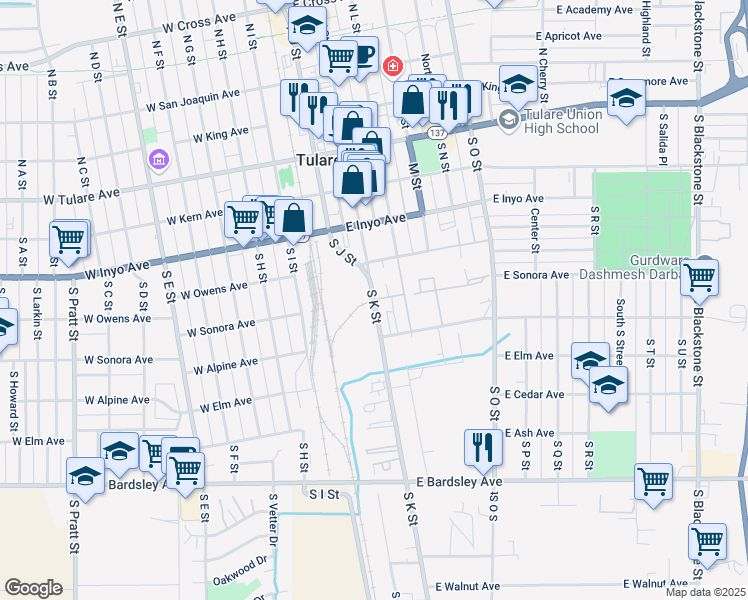 map of restaurants, bars, coffee shops, grocery stores, and more near 500 South K Street in Tulare