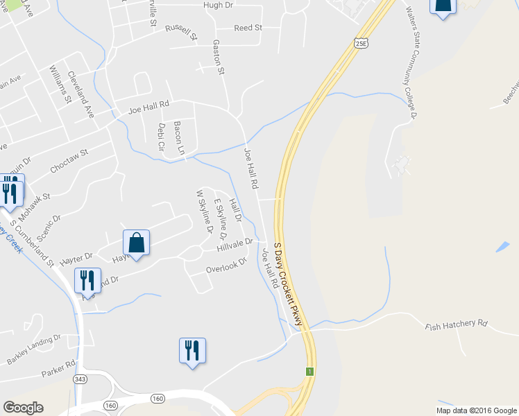 map of restaurants, bars, coffee shops, grocery stores, and more near Joe Hall Road in Morristown