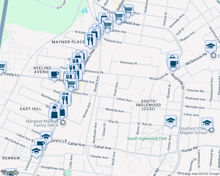 map of restaurants, bars, coffee shops, grocery stores, and more near 1212 Keller Avenue in Nashville