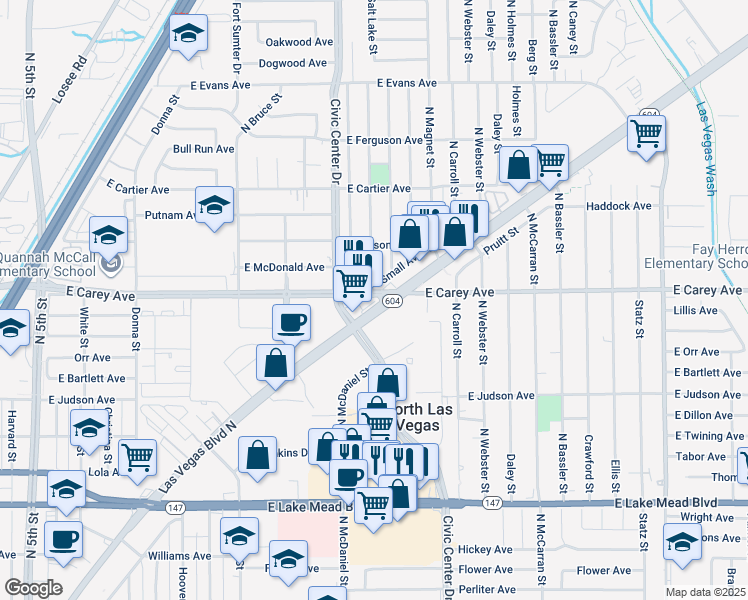 map of restaurants, bars, coffee shops, grocery stores, and more near in North Las Vegas