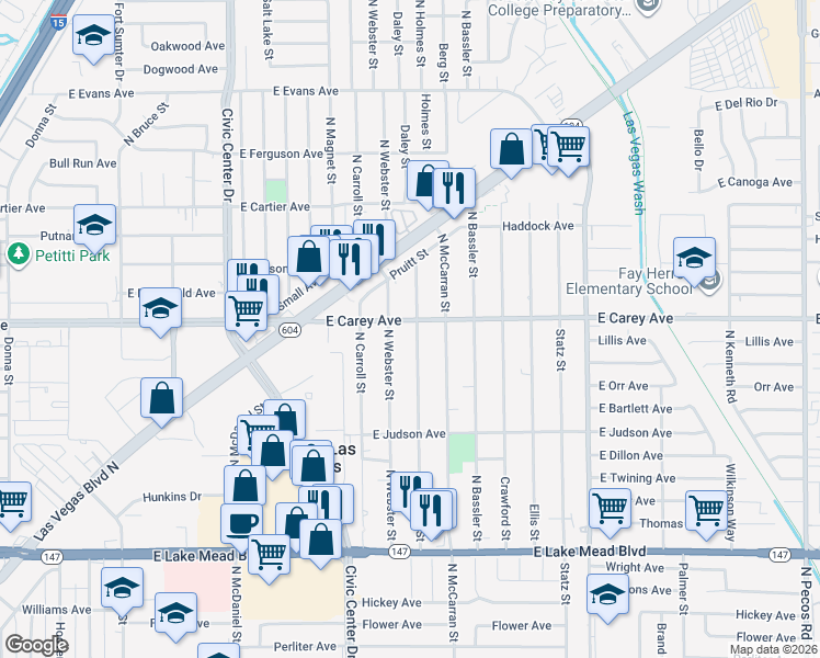 map of restaurants, bars, coffee shops, grocery stores, and more near 2324 North Webster Street in North Las Vegas