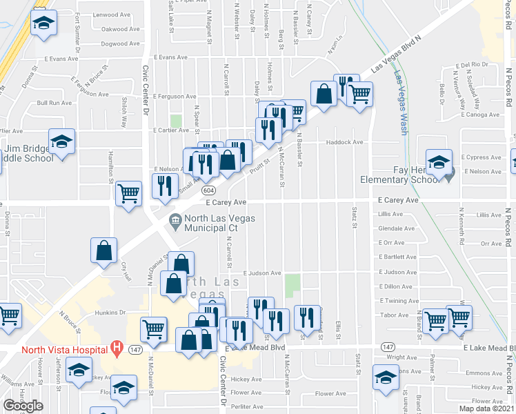 map of restaurants, bars, coffee shops, grocery stores, and more near 2324 North Webster Street in North Las Vegas