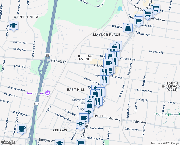 map of restaurants, bars, coffee shops, grocery stores, and more near 1016 Dozier Place in Nashville