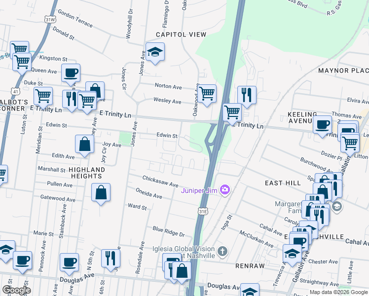 map of restaurants, bars, coffee shops, grocery stores, and more near 821 Cherokee Avenue in Nashville