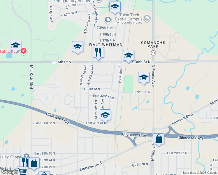 map of restaurants, bars, coffee shops, grocery stores, and more near 774 East 33rd Street North in Tulsa