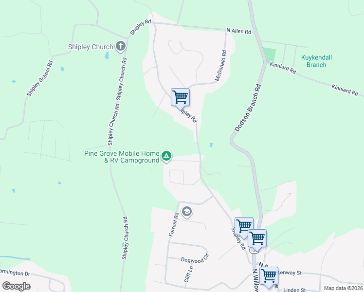 map of restaurants, bars, coffee shops, grocery stores, and more near 1476 Shipley Road in Cookeville