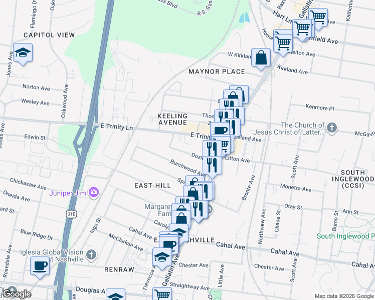 map of restaurants, bars, coffee shops, grocery stores, and more near 1016 Dozier Place in Nashville