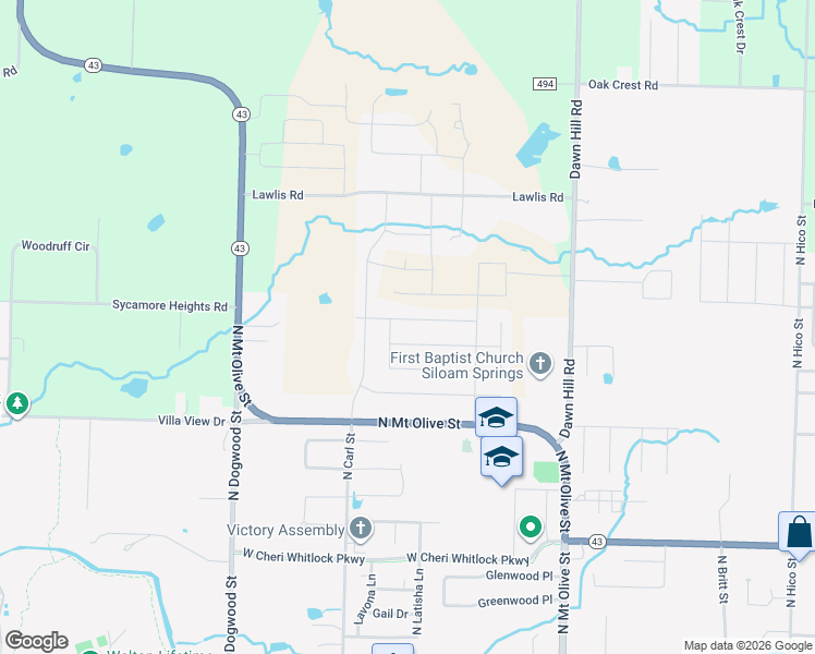 map of restaurants, bars, coffee shops, grocery stores, and more near 508 West Fitchberg Street in Siloam Springs
