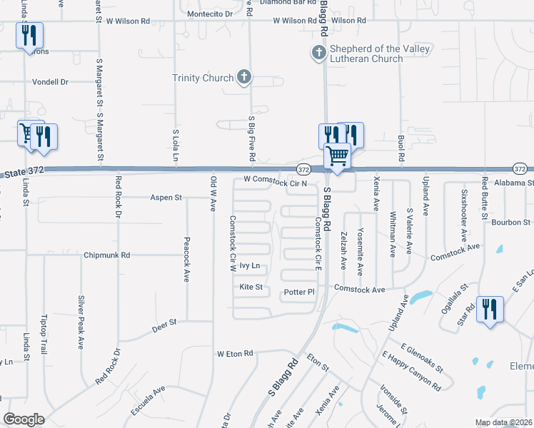 map of restaurants, bars, coffee shops, grocery stores, and more near 211 West Duck Creek Road in Pahrump