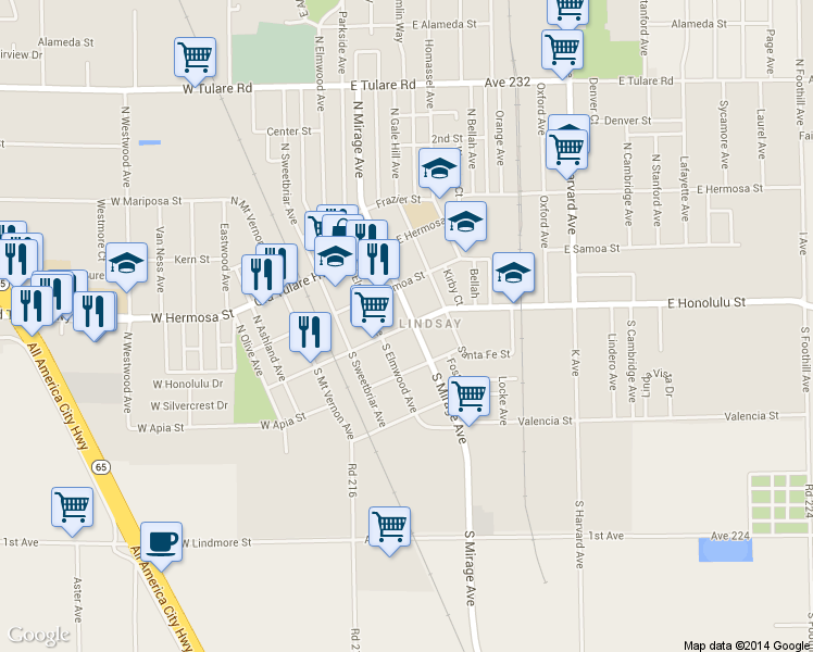 map of restaurants, bars, coffee shops, grocery stores, and more near 136 East Honolulu Street in Lindsay