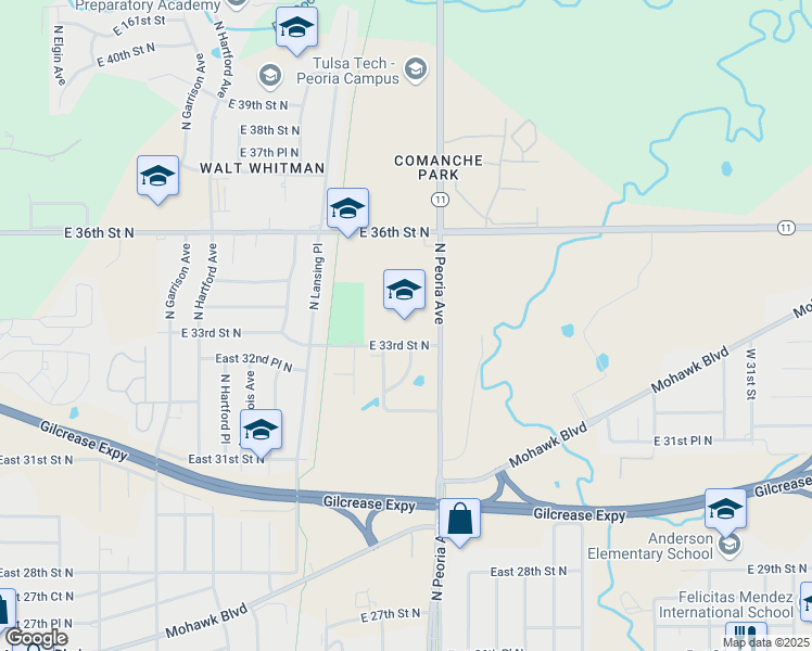 map of restaurants, bars, coffee shops, grocery stores, and more near 1105 East 33rd Street North in Tulsa