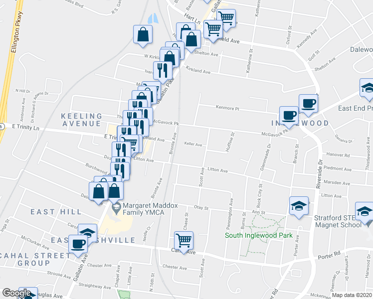 map of restaurants, bars, coffee shops, grocery stores, and more near 1206 Keller Avenue in Nashville