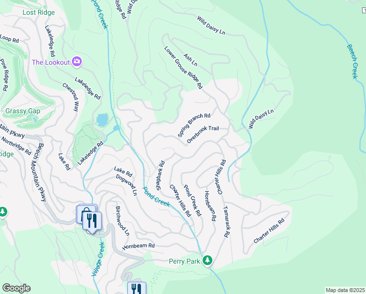 map of restaurants, bars, coffee shops, grocery stores, and more near 127 Overbrook Trail in Beech Mountain