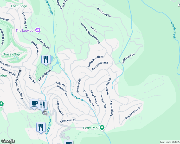 map of restaurants, bars, coffee shops, grocery stores, and more near 127 Overbrook Trail in Beech Mountain