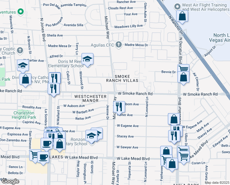 map of restaurants, bars, coffee shops, grocery stores, and more near W Smoke Ranch Rd & Michael Way in Las Vegas