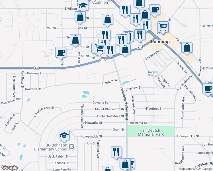 map of restaurants, bars, coffee shops, grocery stores, and more near 1221 Bourbon Street in Pahrump